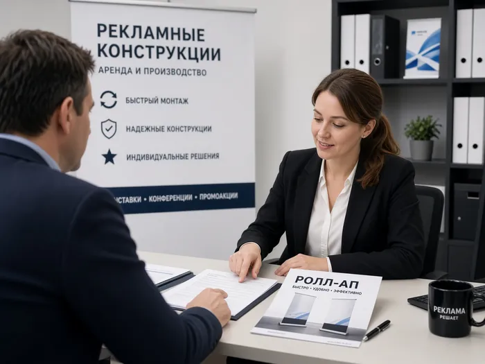 Менеджер обсуждает заказ с клиентом в офисе, рядом ролл-ап компании